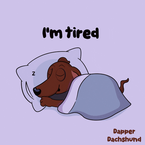 an illustration of a dachshund sleeping with the words i 'm tired