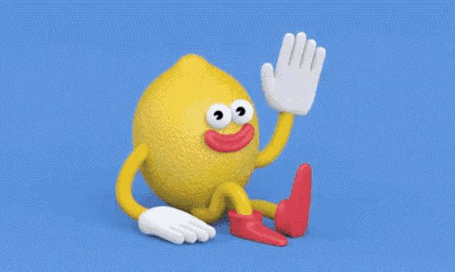 a cartoon lemon with arms and legs is sitting down and waving