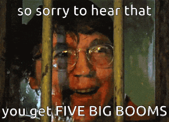 a man behind bars with the words so sorry to hear that you get five big booms on the bottom