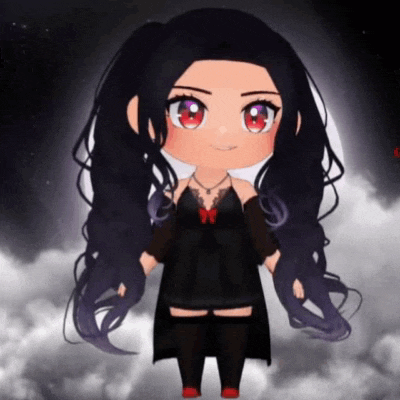 a cartoon girl with long black hair and red eyes