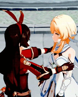 two anime girls are hugging each other and one has a bunny ear headband