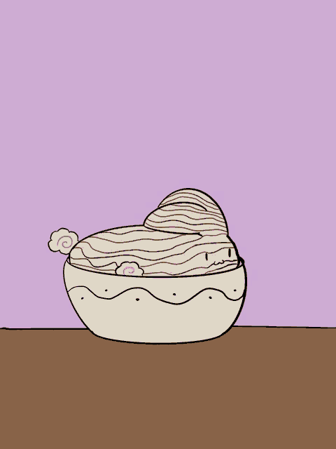a cartoon drawing of a dog sleeping in a bowl with zzz written on the bottom