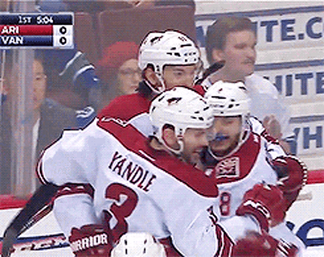 a hockey player named yandle is hugging another player