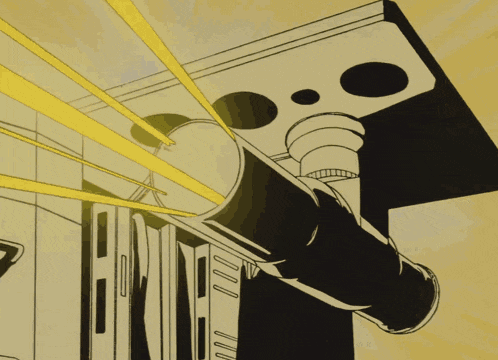 a black and white drawing of a cannon with a yellow flame