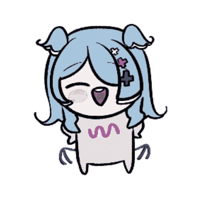 a cartoon drawing of a girl with blue hair and purple flowers in her hair .