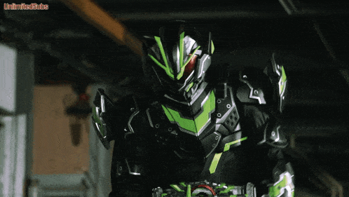 a black and green superhero with unlimited rides written on the bottom right