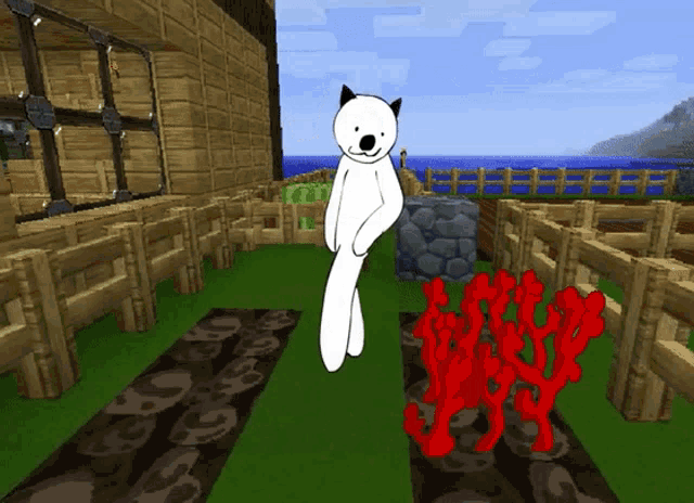 a cartoon of a white cat standing next to a red plant