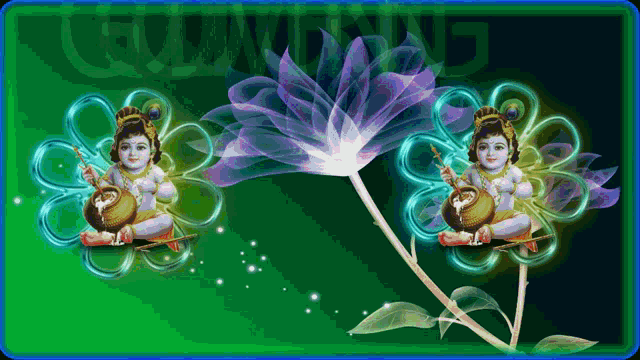 a painting of a baby krishna sitting on a flower with a green background