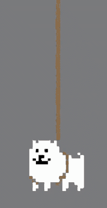 a pixel art drawing of a white dog hanging from a rope
