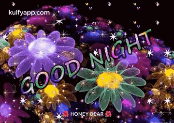 a good night greeting card with colorful flowers and stars on a black background .