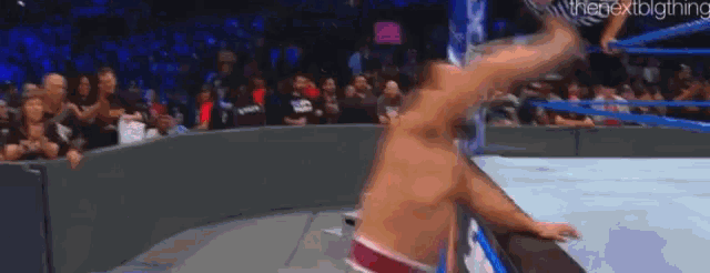 a man is wrestling in a ring with his arms in the air .