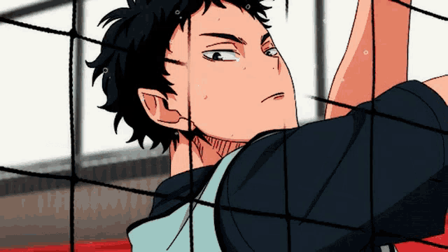 a close up of a person behind a volleyball net in a cartoon .