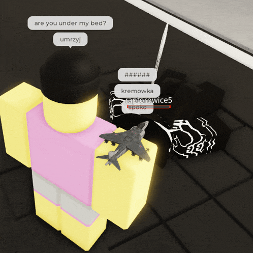 a screenshot of a video game where a person is holding a toy airplane and asking are you under my bed