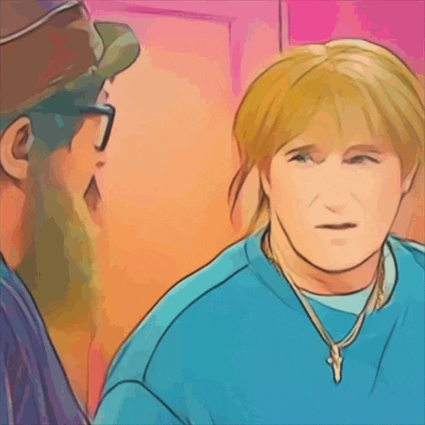 a man with a beard and glasses is talking to a woman in a blue shirt