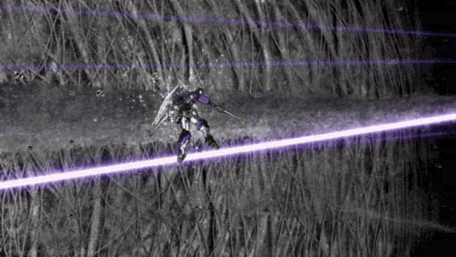a robot is flying through a purple light beam