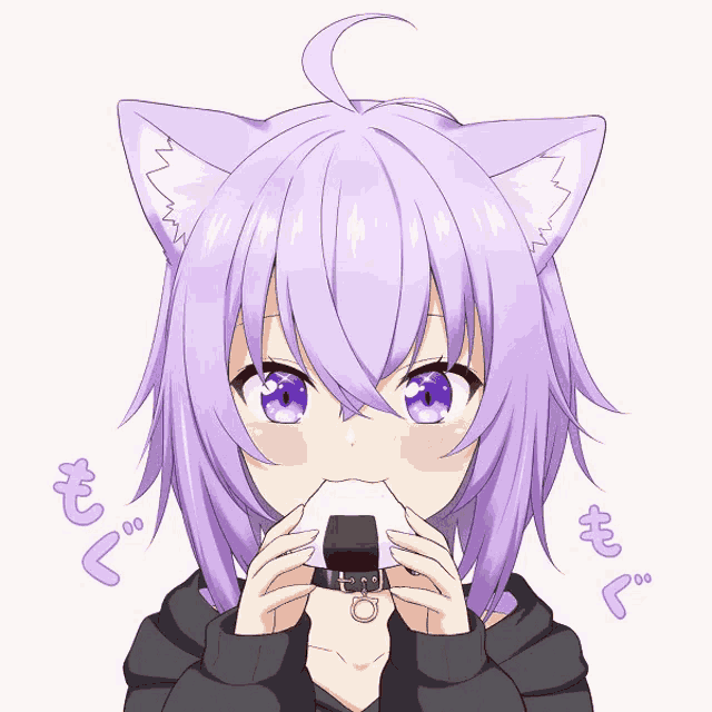 a girl with purple hair and cat ears is holding a rice ball
