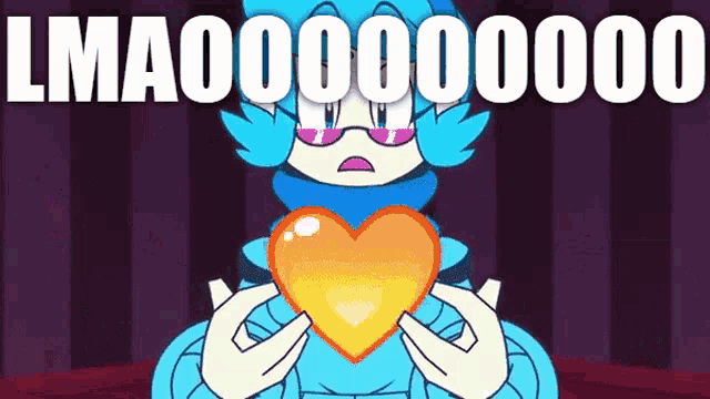 a cartoon character is holding a heart with the words lmao000000 written above her