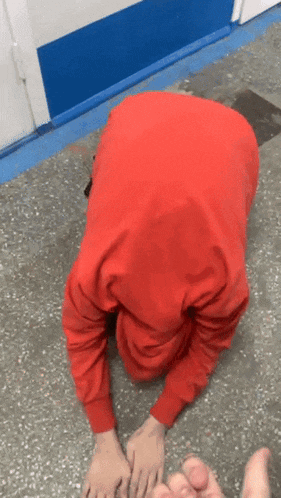 a person in a red sweatshirt is kneeling on the ground