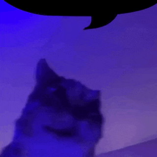 a cat is standing in front of a blue light with a speech bubble .