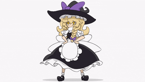 a cartoon character wearing a black and white dress and a purple hat