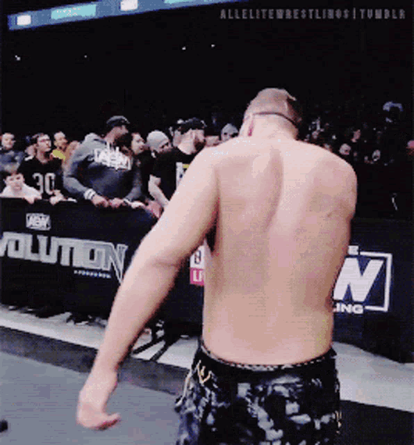 a shirtless wrestler stands in front of a wall that says evolution on it
