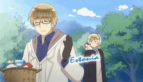 a cartoon of a man carrying a basket with the word estonia written on it
