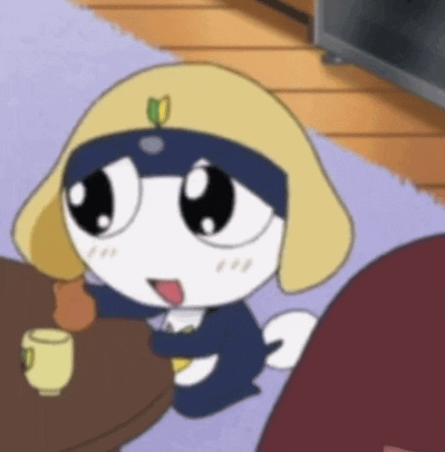 a cartoon character is sitting at a table with a cup of coffee and a yellow hat .