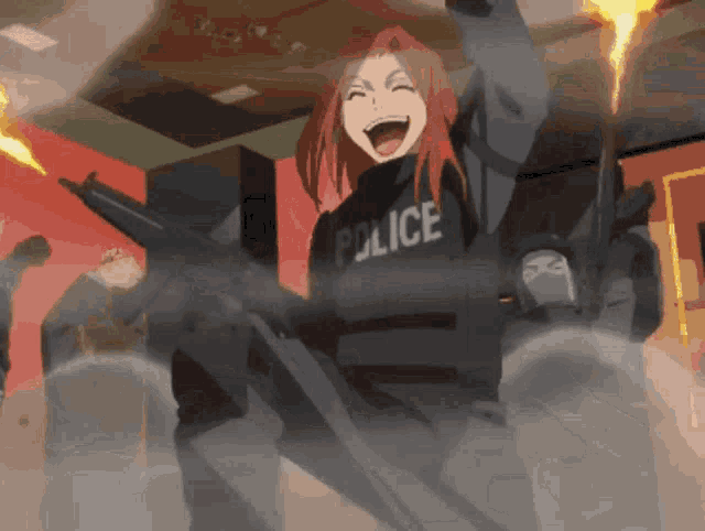 a woman in a police uniform holds a gun
