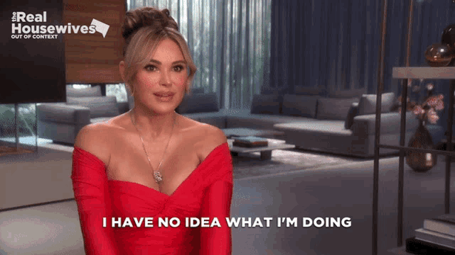 a woman in a red dress with the words i have no idea what i 'm doing