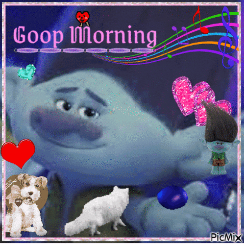 a good morning greeting card with trolls and animals