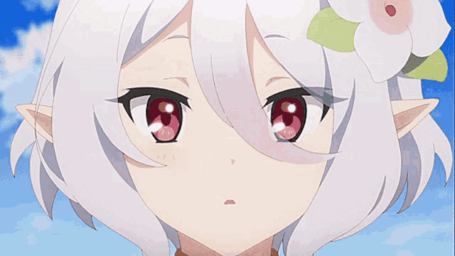 a close up of a anime girl with white hair and red eyes