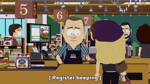 a cartoon character says register beeping while standing at a counter