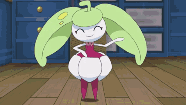 a cartoon character is standing on a wooden floor and smiling