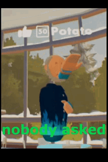 a cartoon character is standing in front of a sign that says 50 potatoes