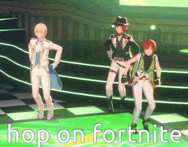 three anime characters are dancing on a stage with the words hop on fortnite written above them