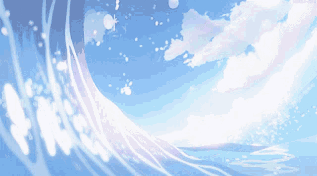 a blue sky with white clouds and a wave in the water