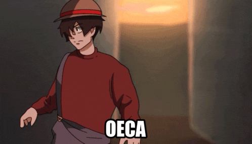 a cartoon character with the word oeca on his shirt