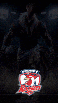 a poster for sydney roosters shows a rooster running with a soccer ball