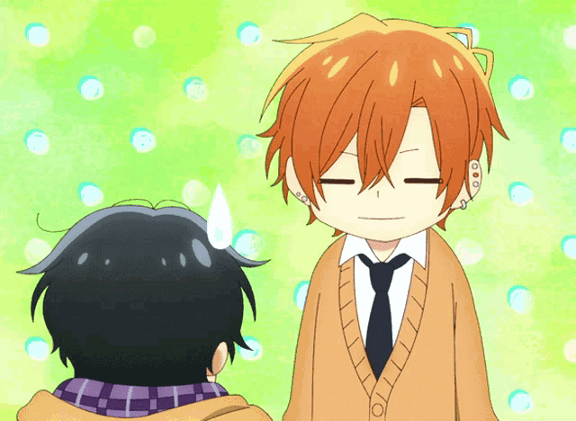 a cartoon of a boy with orange hair standing next to another boy