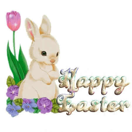 a happy easter greeting with a bunny rabbit and flowers