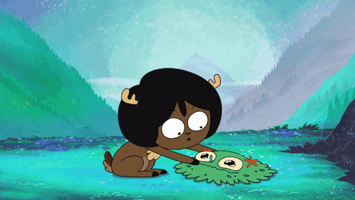 a cartoon of a deer looking at a monster with mountains in the background