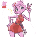 a cartoon drawing of a pink pig girl in a red dress giving a peace sign .