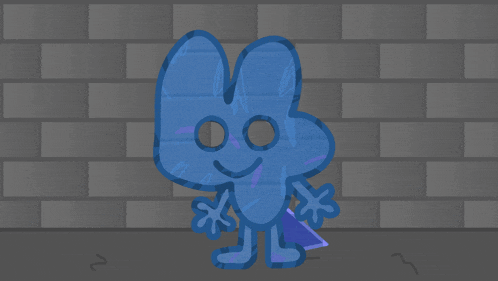 a blue cartoon character with a brick wall in the background