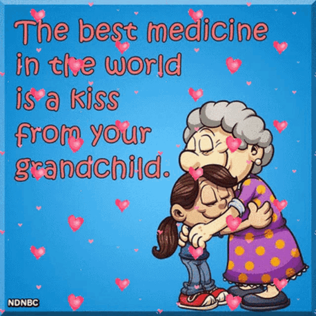 a cartoon of an elderly woman hugging a young girl with hearts around them