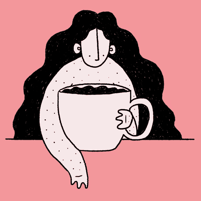 a woman with long hair is holding a cup of coffee