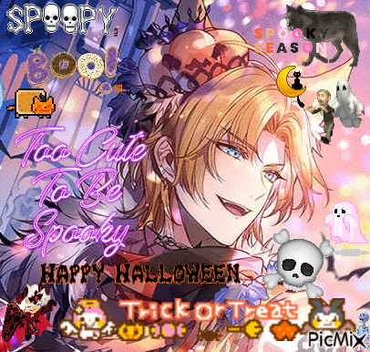 a picture of a man with the words " too cute to be spooky " on the bottom