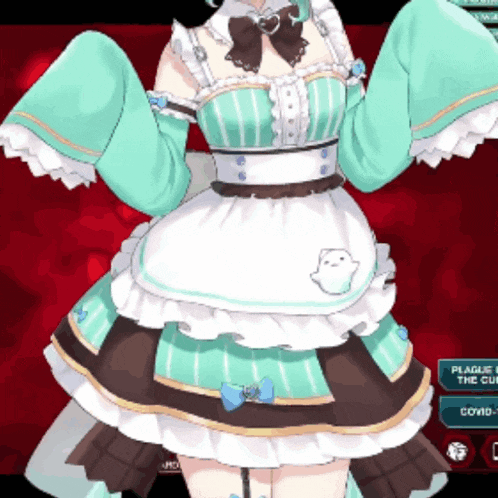 a girl in a maid outfit is standing in front of a screen that says plague