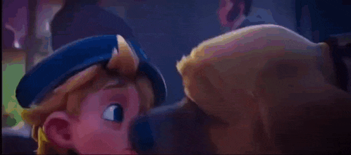a cartoon character is kissing another cartoon character on the forehead .
