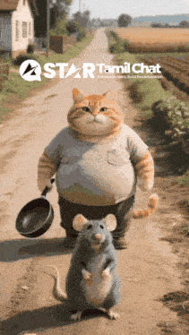 a cat and a mouse are walking down a dirt road with a star tamil chat logo