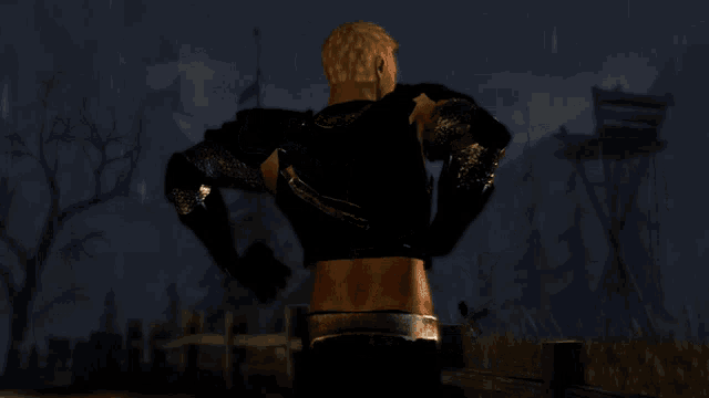 a man with his arms outstretched in a video game scene